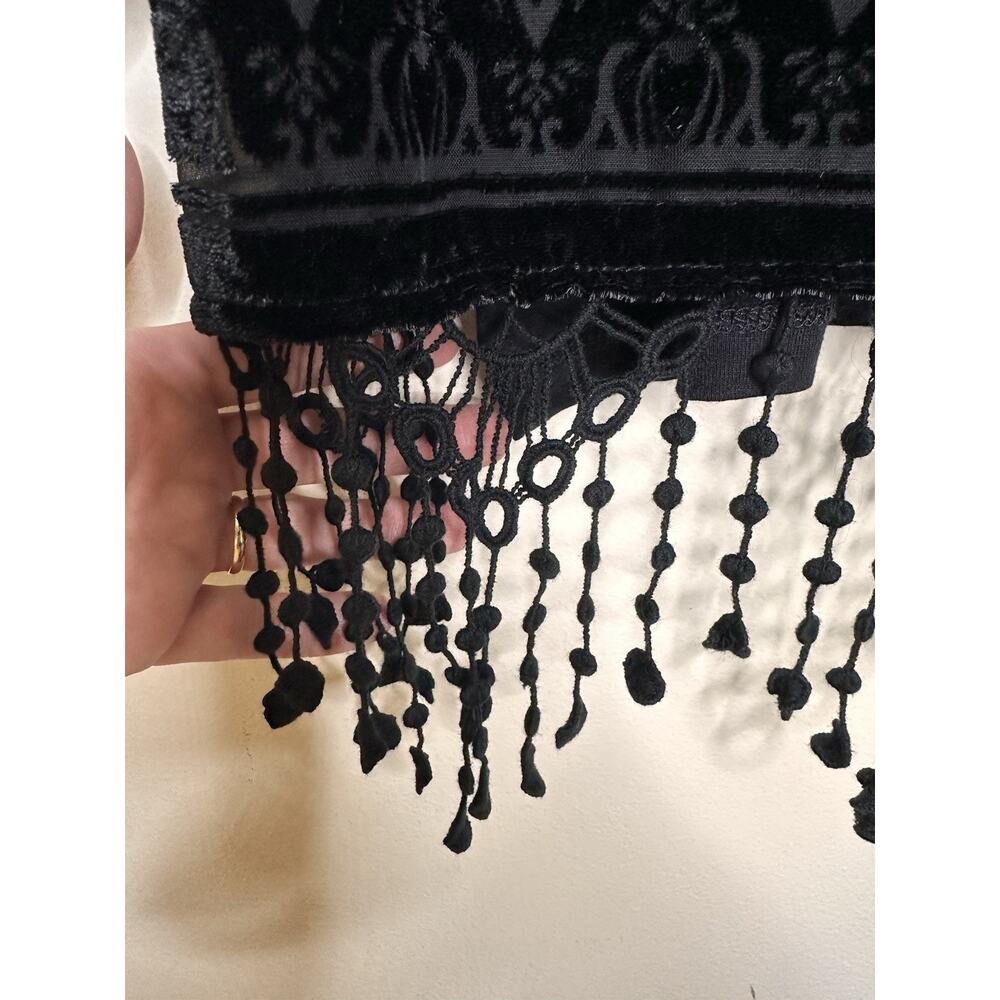 Chicos Top Womens 1 US Med. Black Burnout Velvet Fringe Trim Goth Witch Festival - Picture 4 of 8